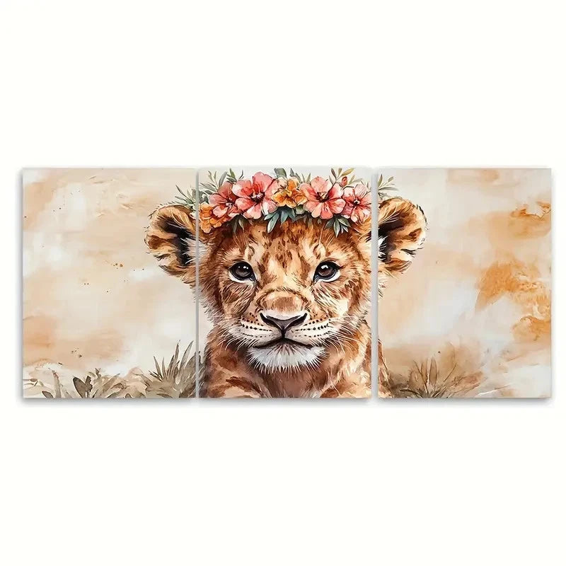 3pcs Watercolour Lion Cub with Flower Crown TI    Wall Art Set Canvas Framed 50x70cm - High Quality Print 100% Australian Made Wall Canvas Ready to Hang