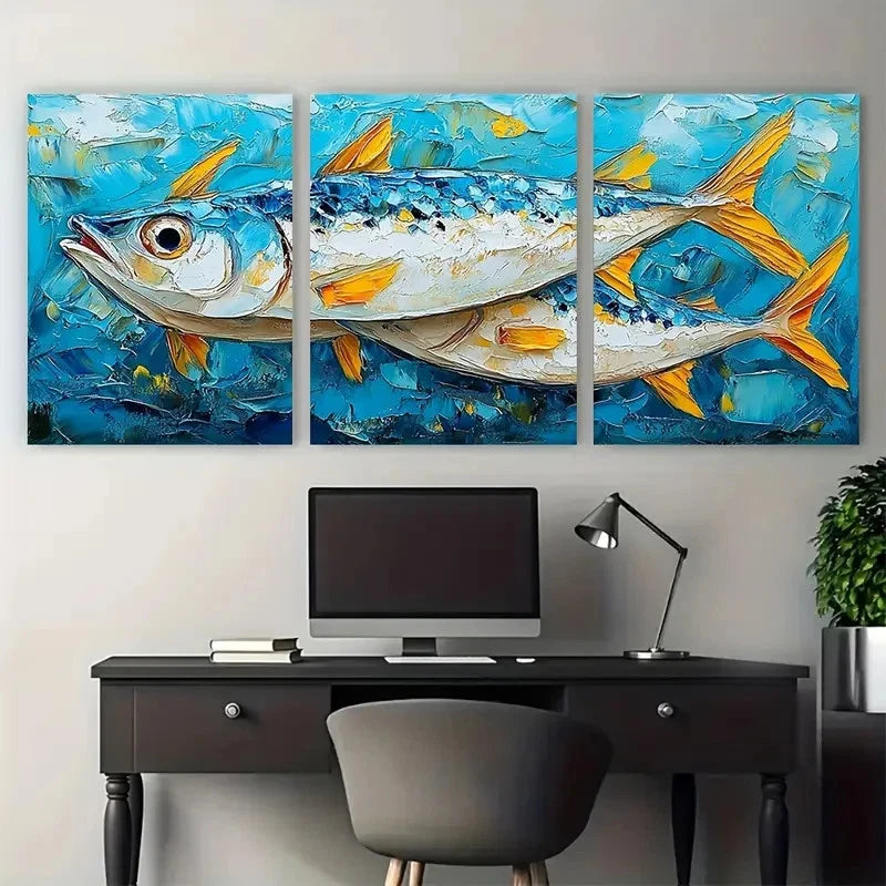 3pcs Textured Fish Artwork Coastal Perfect Wall Art Set Canvas Framed 40x60cm - High Quality Print 100% Australian Made Wall Canvas Ready to Hang