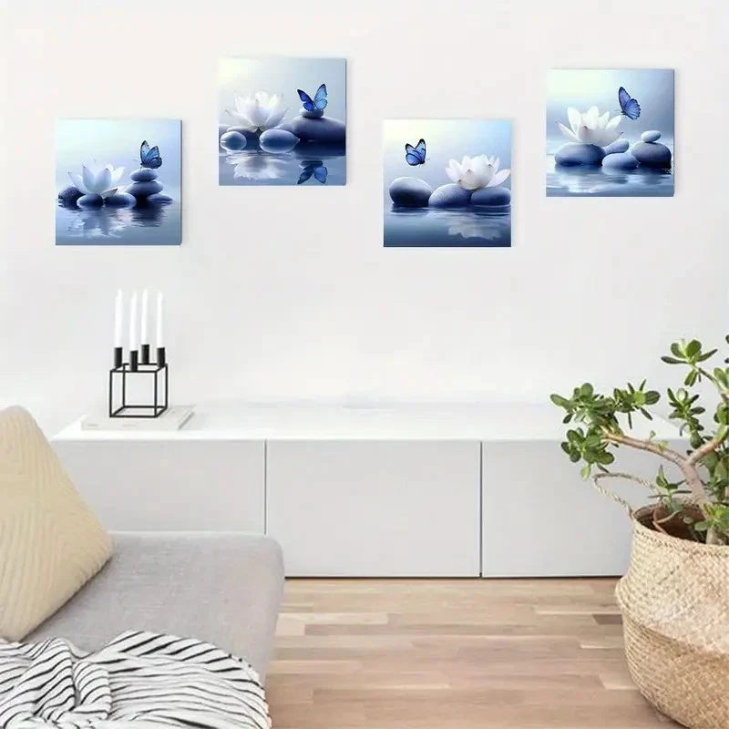 4pcs Flower And Blue Butterfly On Lake Picture Wall Art Canvas Framed