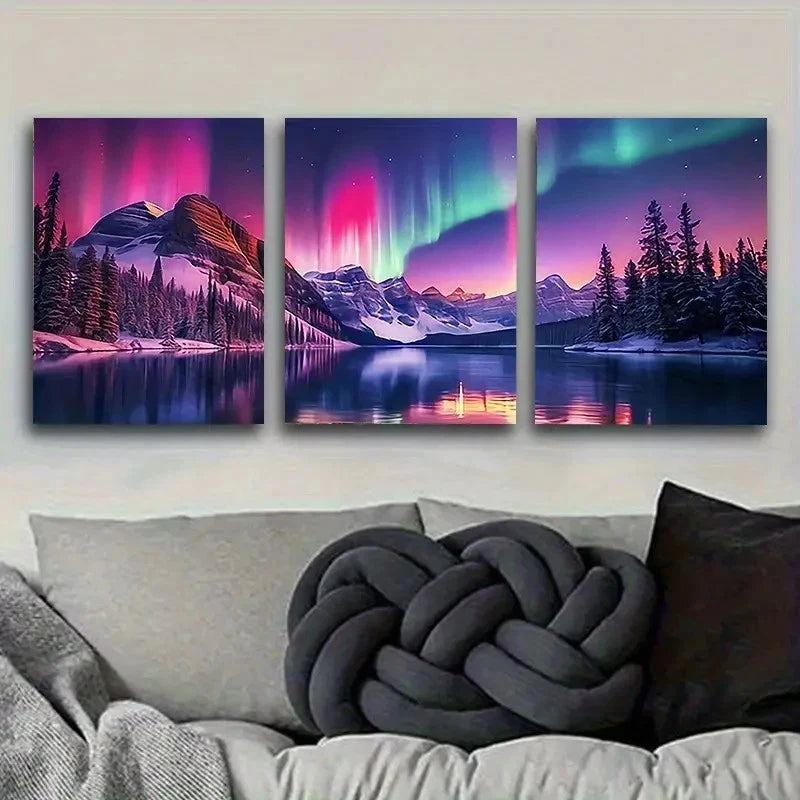 3pcs Aurora Borealis Mountain Wall Art Set Canvas Framed 50x70cm - High Quality Print 100% Australian Made Wall Canvas Ready to Hang - Bella Home Decor
