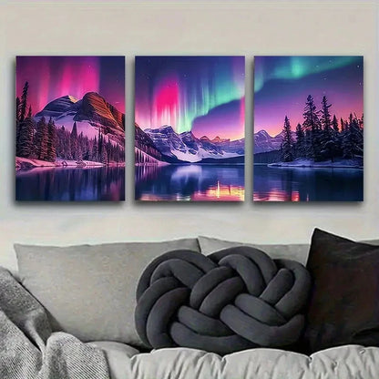 3pcs Aurora Borealis Mountain Wall Art Set Canvas Framed 50x70cm - High Quality Print 100% Australian Made Wall Canvas Ready to Hang - Bella Home Decor