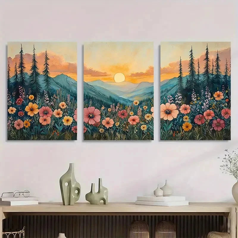 3pcs Gunnison Forest Wildflowers Sunrise Perfect Wall Art Set Canvas Framed 40x60cm - High Quality Print 100% Australian Made Wall Canvas Ready to Hang