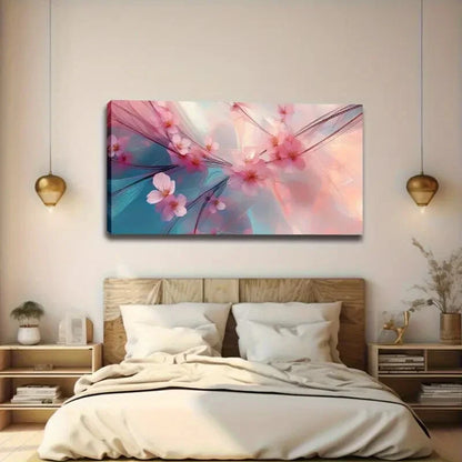 Serene Pink Blooms On Blue Wall Art canvas office home room framed 120x60cm - Bella Home Decor