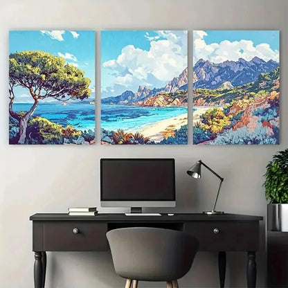 3pcs Sardinian Beach & Mountain Landscape Wall Art Set Canvas Framed 50x70cm - High Quality Print 100% Australian Made Wall Canvas Ready to Hang