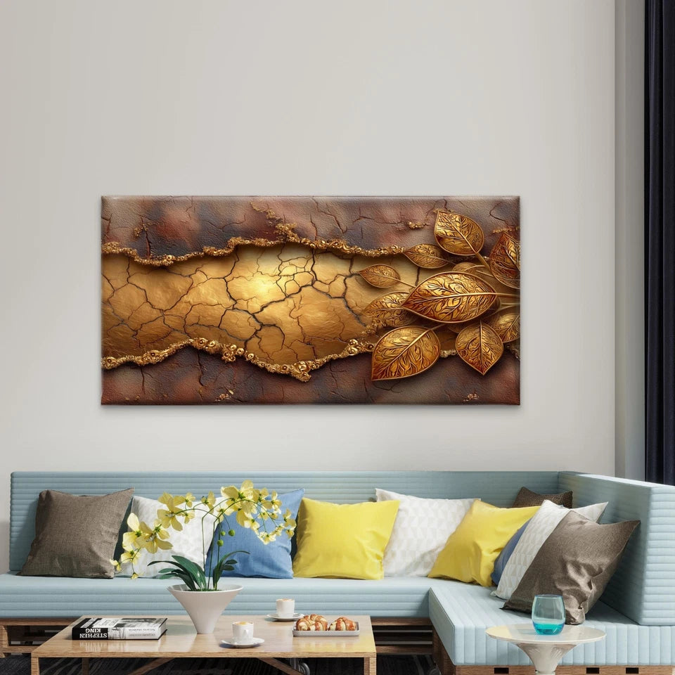 Abstract Cracked Gold Surface Wall Art Canvas Office Home Room Framed 120x60cm - Bella Home Decor