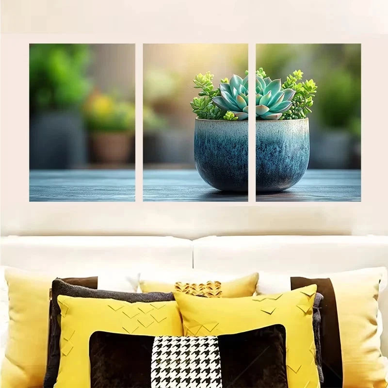 3pcs Watercolor Succulent in a Coffee Mug Wall Art Set Canvas Framed 50x70cm - High Quality Print 100% Australian Made Wall Canvas Ready to Hang