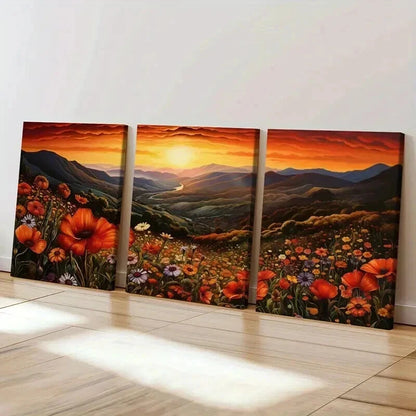 3pcs Vibrant Sunset Mountain Flower & River Wall Art Set Canvas Framed 40x60cm - High Quality Print 100% Australian Made Wall Canvas Ready to Hang - Bella Home Decor