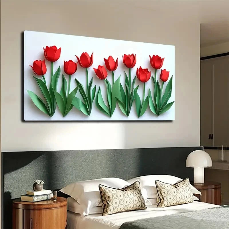Modern Minimalist Red Tulip Wall Art Canvas Office Home Room Framed 120x60cm - Bella Home Decor