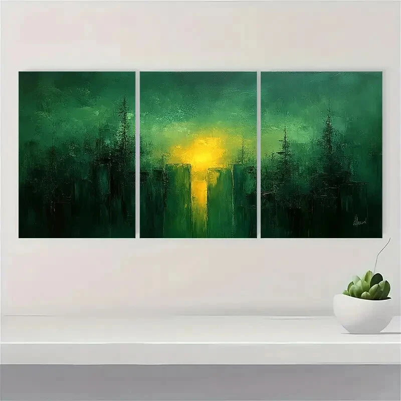 3pcs Green Abstract Oil Painting Metal Print Ready to Hang Art - Bella Home Decor