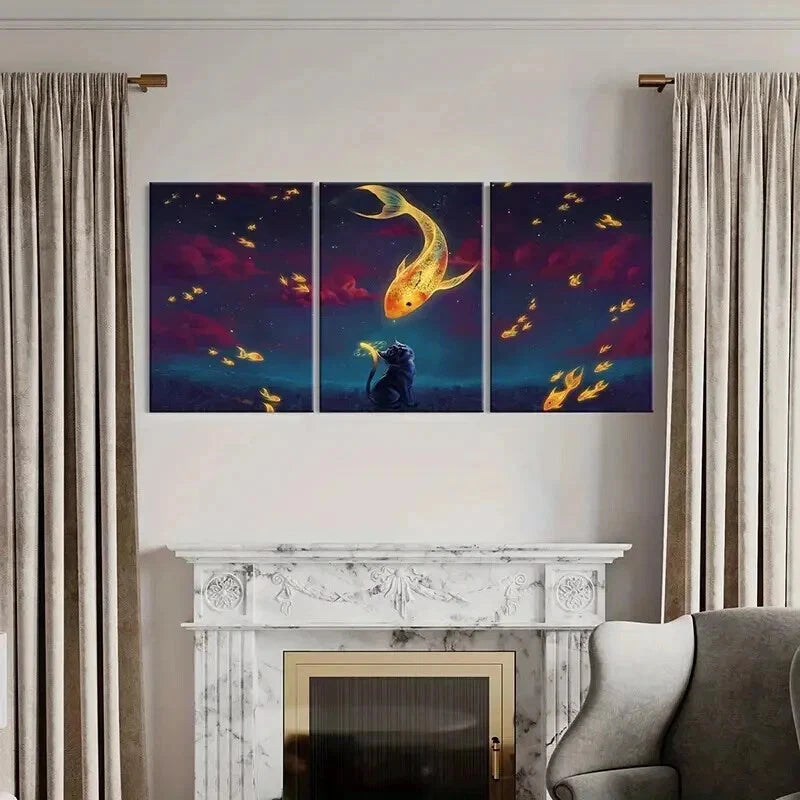 3pcs Fantasy Koi Fish And Black Cat Vintage Wall Art Set Canvas Framed 60x90cm - High Quality Print 100% Australian Made Wall Canvas Ready to Hang - Bella Home Decor