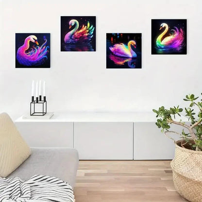 4pcs Elegant Swans With Vibrant Neon Colors Wall Art Canvas Framed