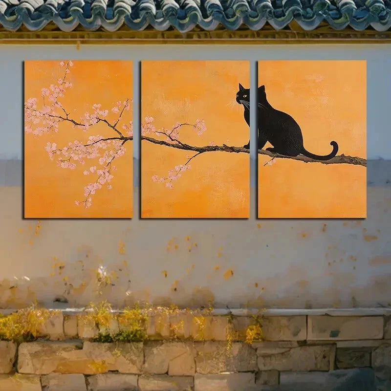 3pcs Cat and Cherry Blossom Branches Wall Art Set Canvas Framed 60x90cm - High Quality Print 100% Australian Made Wall Canvas Ready to Hang - Bella Home Decor