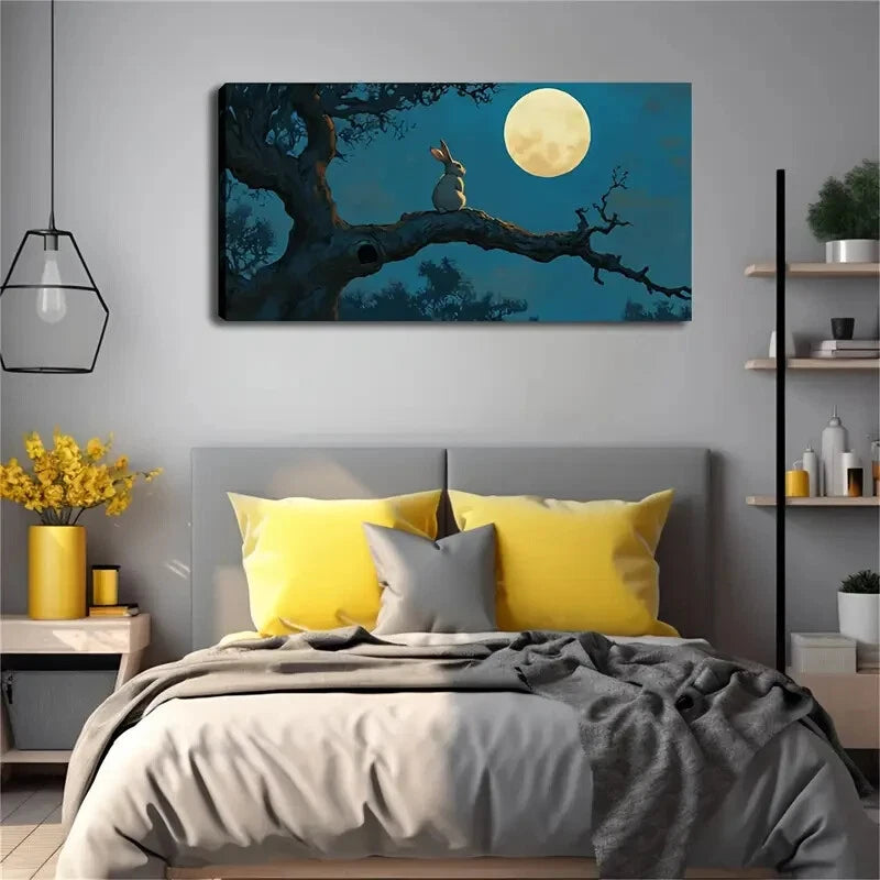 Rabbit Sitting Branch Moon Wall Art Canvas Office Home Room Framed 120x60cm - Bella Home Decor
