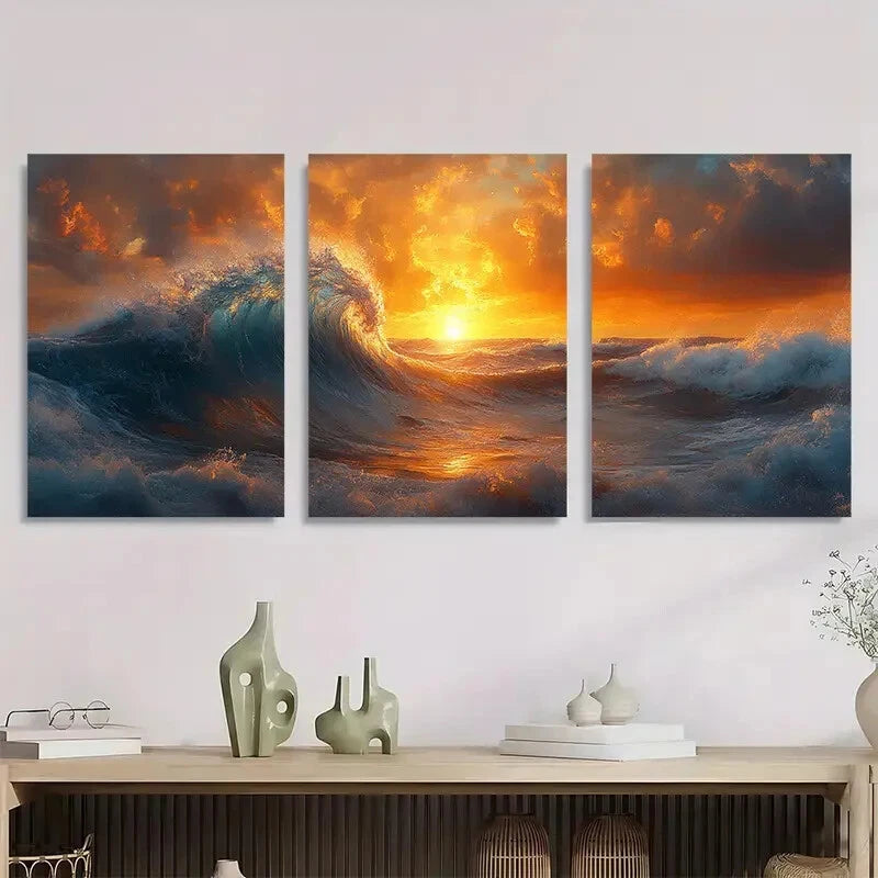 3pcs Wavey Landscape Panoramic Surrealist Metal Print Ready to Hang Art - Bella Home Decor