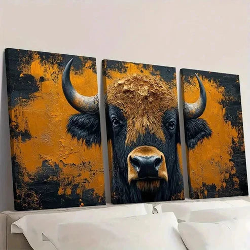 3pcs Orange & Black Bison Buffalo Decoration Wall Art Canvas Unframed - High Quality Print 100% Australian Made Wall Canvas