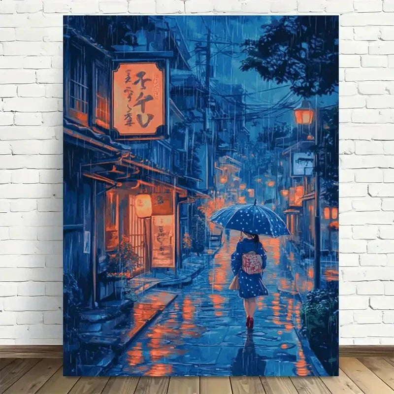 Beautiful Rainy Night Street Scene Vintage Painting 40x60cm Metal Print Ready to Hang - Bella Home Decor