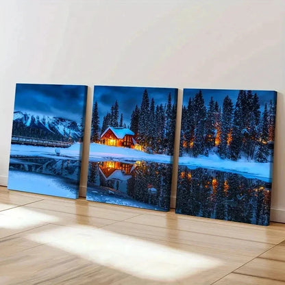 3pcs Winter Decoration Lake House Snow Scenery Wall Art Set Canvas Framed 50x70cm - High Quality Print 100% Australian Made Wall Canvas Ready to Hang