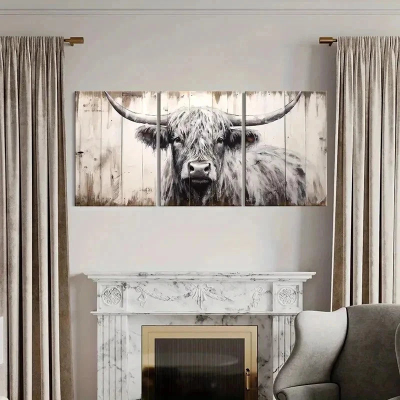 3pcs Vintage Farmhouse Highland Cattle Wall Art Set Canvas Framed 50x70cm - High Quality Print 100% Australian Made Wall Canvas Ready to Hang