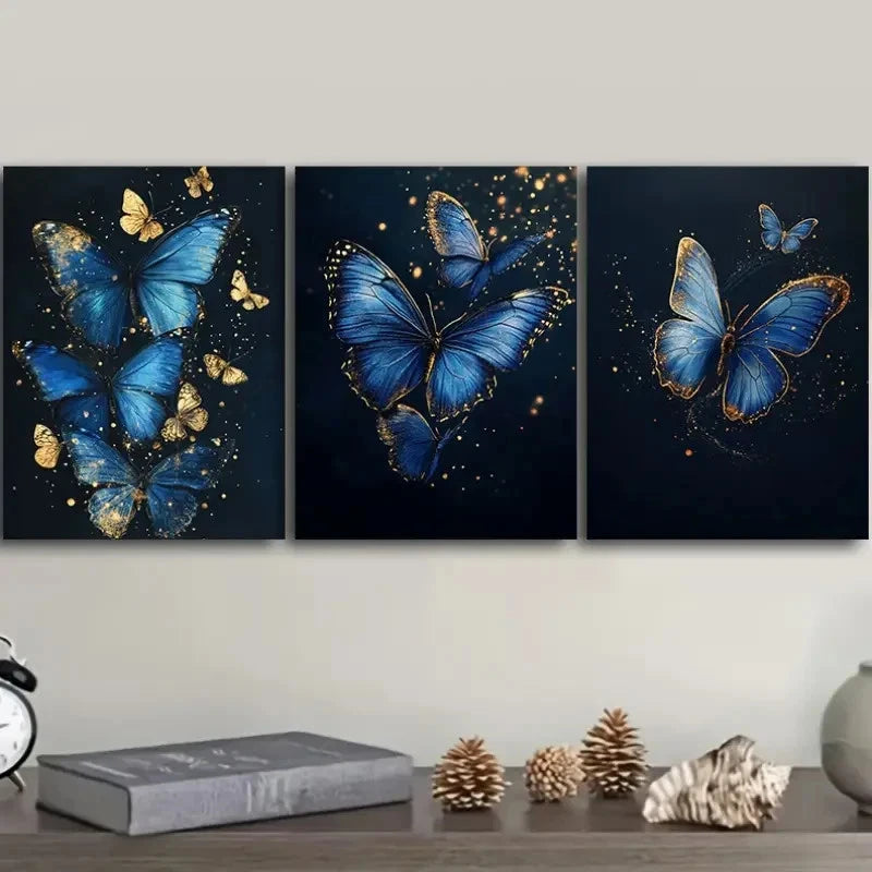 3pcs Modern Art Deco Blue Morpho Butterfly  Wall Art Set Canvas Framed 40x60cm - High Quality Print 100% Australian Made Wall Canvas Ready to Hang