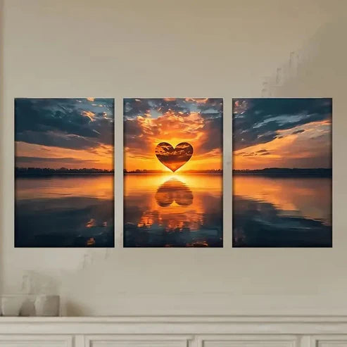 3pcs Heart-Shaped Sunset Reflection Wall Art Set Canvas Unframed - High Quality Print 100% Australian Made Wall Canvas