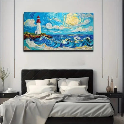 Sunlit Ocean Lighthouse Waves Wall Art Canvas Office Home Room Framed 120x60cm