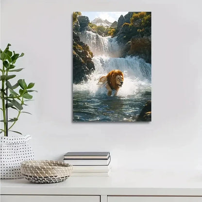 Lion Splashing In Crystal Clear Waterfall Painting 40x60cm Metal Print Ready to Hang - Bella Home Decor