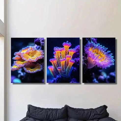 3pcs Fantasy Glowing Coral Reefs Sea Life Wall Art Canvas Unframed – High Quality Print 100% Australian Made Wall Canvas