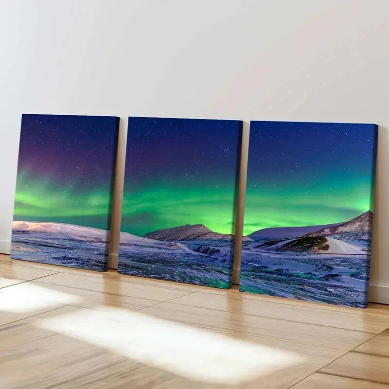 3pcs Natural Northern Lights & Snow Mountains Wall Art Set Canvas Framed 50x70cm - High Quality Print 100% Australian Made Wall Canvas Ready to Hang - Bella Home Decor