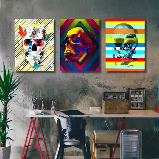 3pcs Skull Black White Pink Blue Yellow Red Wall Art Set Canvas Framed 50x70cm - High Quality Print 100% Australian Made Wall Canvas Ready to Hang