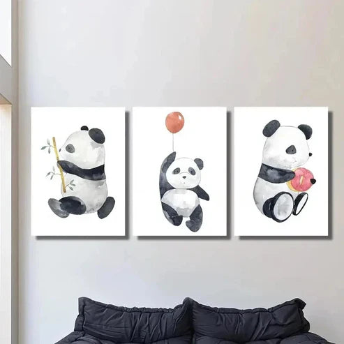 3pcs Panda with Bamboo Balloon & Dessert Wall Art Canvas Unframed – High Quality Print 100% Australian Made Wall Canvas