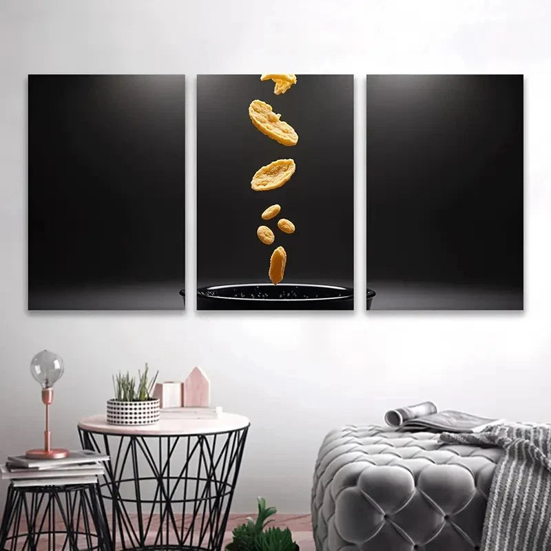 3pcs Black Bowl with Nachos Spray-Painted Wall Art Set Canvas Framed 60x90cm - High Quality Print 100% Australian Made Wall Canvas Ready to Hang - Bella Home Decor