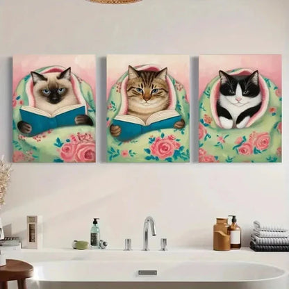 3pcs Reading Cats, Floral Blanket Canvas Wall Art Canvas Unframed - High Quality Print 100% Australian Made Wall Canvas