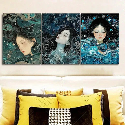 3pcs Sea Goddess Art Deco Blue Background Wall Art Canvas Unframed - High Quality Print 100% Australian Made Wall Canvas