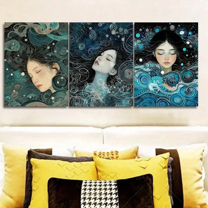 3pcs Sea Goddess Art Deco Blue Background Wall Art Canvas Unframed - High Quality Print 100% Australian Made Wall Canvas