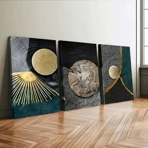 3pcs Abstract Art Tree Rings Modern Golden Blue Wall Art Canvas Unframed - High Quality Print 100% Australian Made Wall Canvas - Bella Home Decor