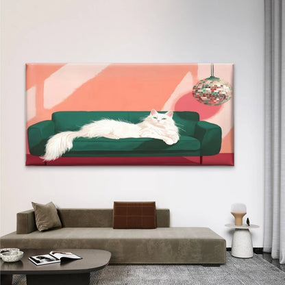 White Cat on Green Sofa Wall Art Canvas Office Home Room Framed 120x60cm - Bella Home Decor