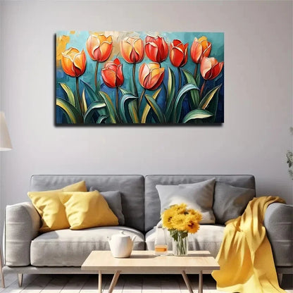 Vibrant Red Tulips On Blue Back Wall Art Canvas Office Home Room Framed 120x60cm