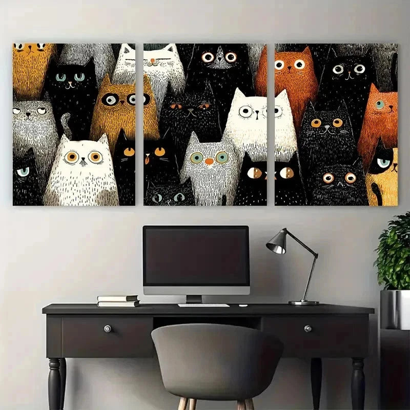 3pcs Colorful Black Cat Ghost Halloween Perfect Wall Art Set Canvas Framed 50x70cm - High Quality Print 100% Australian Made Wall Canvas Ready to Hang - Bella Home Decor