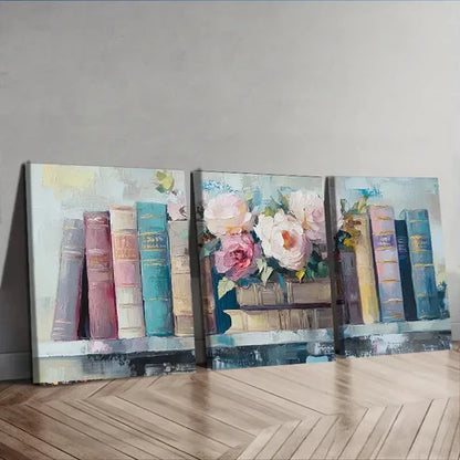 3pcs Books on the Shelf Rose Charm Perfect Wall Art Set Canvas Unframed - High Quality Print 100% Australian Made Wall Canvas - Bella Home Decor