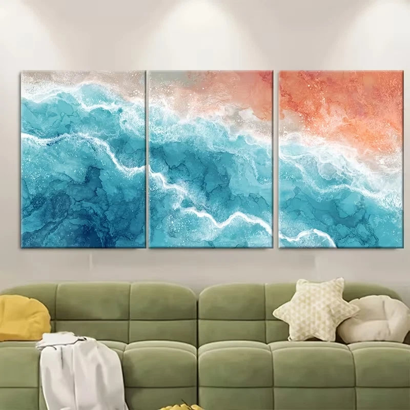 3pcs Ocean Aqua Blue and Orange Sea Shore Metal Print Ready to Hang Art