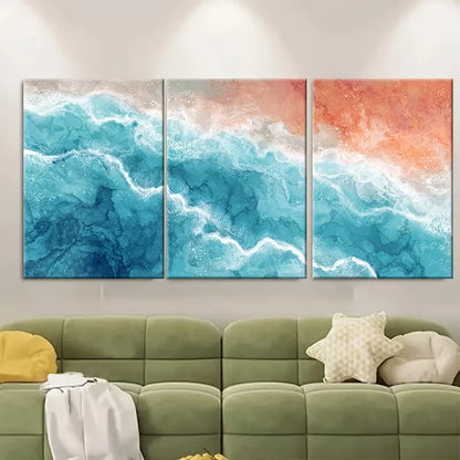 3pcs Ocean Aqua Blue and Orange Sea Shore Metal Print Ready to Hang Art