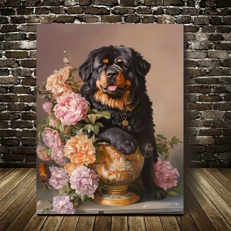 Charming Tibetan Mastiff Dog with Flowers Painting 40x60cm Metal Print Ready to Hang