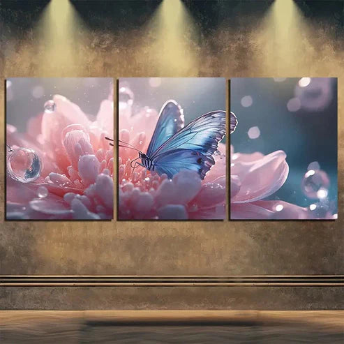 3pcs Elegant Blue Butterfly Pink Flower Perfect Wall Art Set Canvas Unframed - High Quality Print 100% Australian Made Wall Canvas