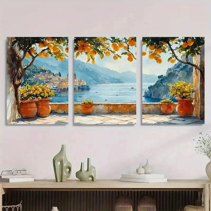3pcs Cityscape Lemon Tree Mediterranean Perfect Wall Art Set Canvas Framed 60x90cm - High Quality Print 100% Australian Made Wall Canvas Ready to Hang - Bella Home Decor