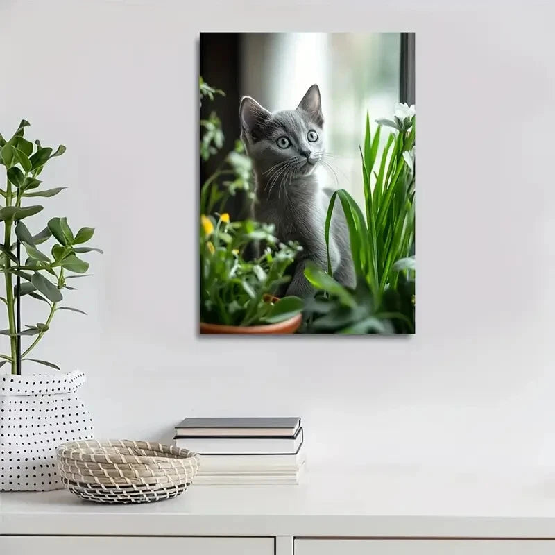 Adorable Russian Blue Kitten with Flowers Painting 40x60cm Metal Print Ready to Hang - Bella Home Decor