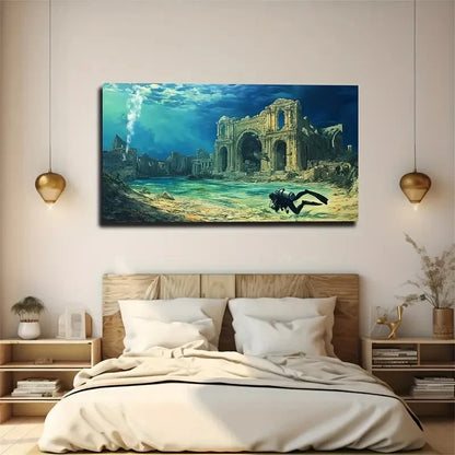 Underwater Ruins Diver Style Wall Art Canvas Office Home Room Framed 120x60cm