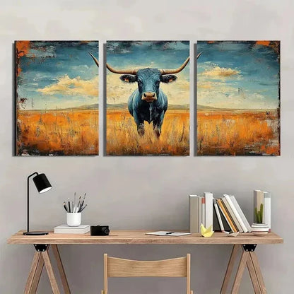 3pcs Rustic Cow in Blue & Orange Field Wall Art Canvas Unframed - High Quality Print 100% Australian Made Wall Canvas