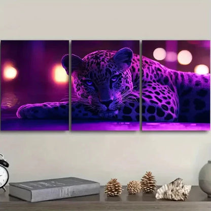 3pcs Leopard, Purple Light Effect Wall Art Set Canvas Unframed - High Quality Print 100% Australian Made Wall Canvas - Bella Home Decor