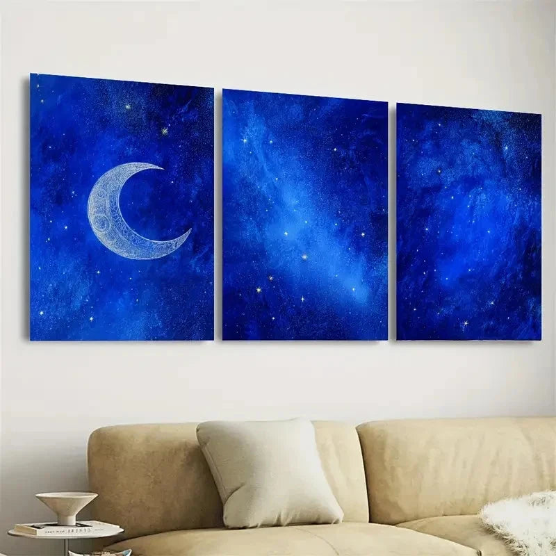 3pcs Crescent Moon and Starry Night Wall Art Set Canvas Framed 40x60cm - High Quality Print 100% Australian Made Wall Canvas Ready to Hang - Bella Home Decor
