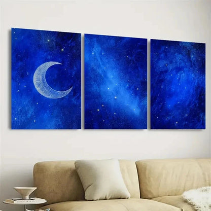 3pcs Crescent Moon and Starry Night Wall Art Set Canvas Framed 40x60cm - High Quality Print 100% Australian Made Wall Canvas Ready to Hang - Bella Home Decor